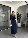 LACİVERT KEMERLİ TENCEL ELBİSE 37247