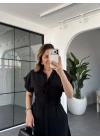 SİYAH KISA KOL BELİ LASTİKLİ MODAL ELBİSE