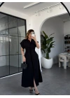 SİYAH KISA KOL BELİ LASTİKLİ MODAL ELBİSE
