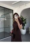 KAHVE KISA KOL BELİ LASTİKLİ MODAL ELBİSE