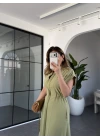 YEŞİL KISA KOL BELİ LASTİKLİ MODAL ELBİSE