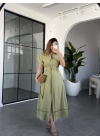 YEŞİL KISA KOL BELİ LASTİKLİ MODAL ELBİSE