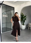 KAHVE KEMERLİ DÜŞÜK KOL ELBİSE 268262