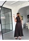 KAHVE KEMERLİ DÜŞÜK KOL ELBİSE 268262