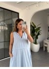 MAVİ YAKASI DERİ DETAYLI BELİ BÜZGÜLÜ ELBİSE 3938