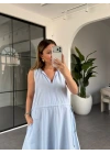 MAVİ YAKASI DERİ DETAYLI BELİ BÜZGÜLÜ ELBİSE 3938