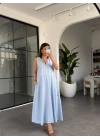 MAVİ YAKASI DERİ DETAYLI BELİ BÜZGÜLÜ ELBİSE 3938
