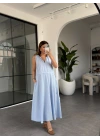 MAVİ YAKASI DERİ DETAYLI BELİ BÜZGÜLÜ ELBİSE 3938