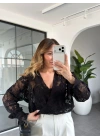 SİYAH KRUVAZE YAKA GÜPÜR BLUZ 3150