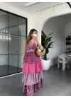 PEMBE ÇİÇEK DESEN KAT KAT ELBİSE 6765