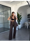 KAHVERENGİ PİLELİ KETEN YELEK PANTOLON TAKIM 9298