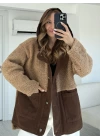 Acı Kahve Jean Detay Kapüşonlu Oversize Peluş Ceket