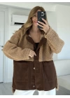 Acı Kahve Jean Detay Kapüşonlu Oversize Peluş Ceket