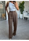 AÇIK KAHVE YÜKSEL BEL DÖKÜMLÜ PANTOLON