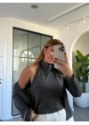 ANTRASİT İÇİNDEN BLUZ DETAYLI HIRKA