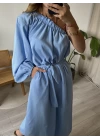 Bebe Mavi Tek Kol Kuşaklı Poplin Elbise