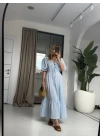 BEBE MAVİSİ NAKIŞLI BAĞLAMALI ELBİSE