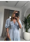 BEBE MAVİSİ NAKIŞLI BAĞLAMALI ELBİSE