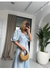 BEBE MAVİSİ NAKIŞLI BAĞLAMALI ELBİSE