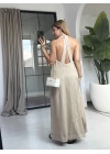 BEJ SIRT DETAYLI V YAKA KETEN ELBİSE