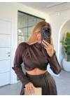 KAHVERENGİ UZUN KOL CROP TAKIM