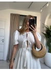 BEYAZ BALON KOL BAĞLAMALI ELBİSE