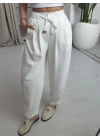 Beyaz Beli Lastikli Pilili Pantolon