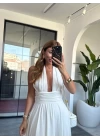 BEYAZ DEKOLTE DETAY ASKILI ELBİSE
