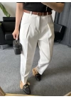 Beyaz Kemerli Premium Kumaş Pantolon
