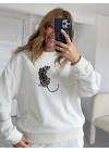 Beyaz Leopar Figürlü Sweatshirt