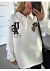 BEYAZ POLO YAKA NAKIŞLI SWEATSHIRT