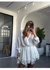 BEYAZ ŞİFON ASİMETRİK ETEK UÇLU ELBİSE