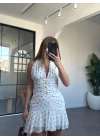 BEYAZ ŞİFON GOLD DETAYLI DRAPE MİNİ ELBİSE