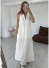 Beyaz Yaka Detay Keten Elbise