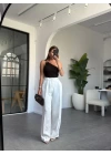 BEYAZ YÜKSEK BEL DÖKÜMLÜ PANTALON