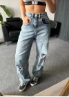 Blue Yırtık Detaylı Kemerli Baggy Jean