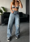 Blue Yırtık Detaylı Kemerli Baggy Jean