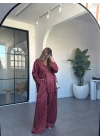 BORDO GEOMETRİK DESEN SATEN PANTOLON TAKIM