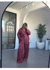 BORDO GEOMETRİK DESEN SATEN PANTOLON TAKIM