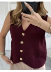 Bordo Gold Düğmeli Merserize Yelek