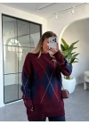 BORDO LACİVERT BAKLAVA DESEN KAZAK