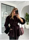 BORDO LEOPAR DESEN KOLU KÜRKLÜ KABAN