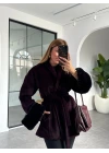 BORDO LEOPAR DESEN KOLU KÜRKLÜ KABAN
