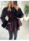 BORDO LEOPAR DESEN KOLU KÜRKLÜ KABAN