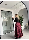 BORDO SİYAH EKOSE DESENLİ ASİMETRİK ETEK