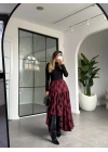 BORDO SİYAH EKOSE DESENLİ ASİMETRİK ETEK