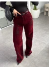 BORDO SİYAH WİDE LEG KADİFE PANTOLON