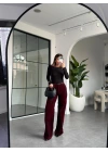 BORDO SİYAH WİDE LEG KADİFE PANTOLON