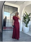 BORDO TEK OMUZ UZUN ELBİSE