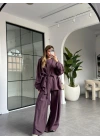 BORDO TENSEL KEMERLİ CEKET PANTOLON TAKIM